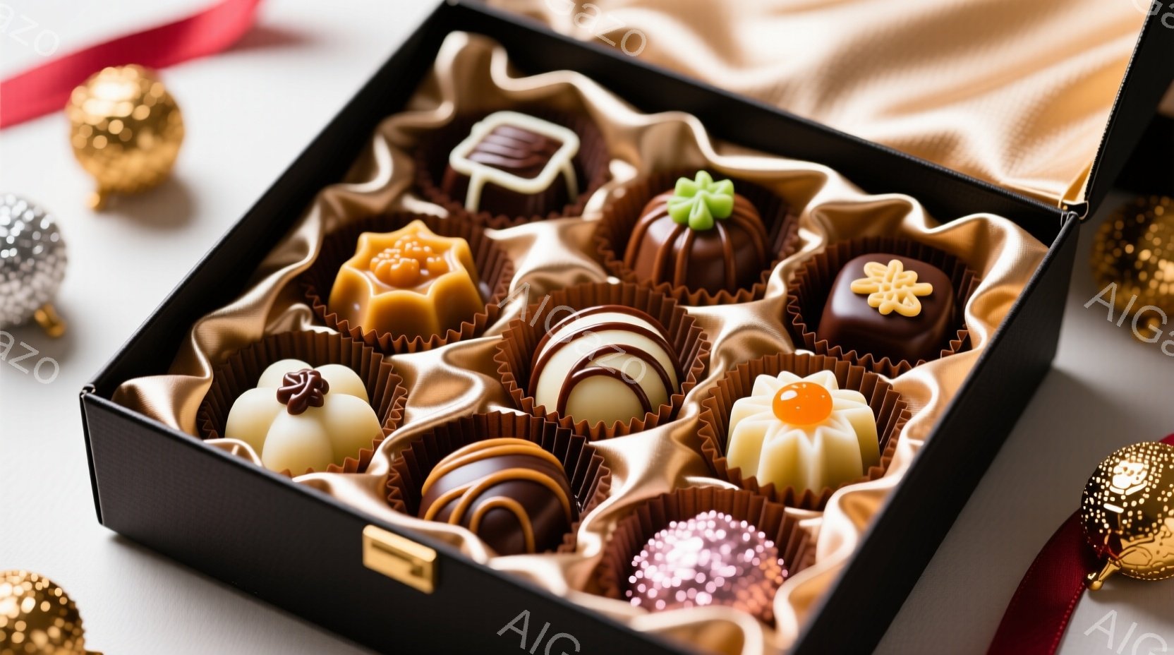 黒い箱の中に、様々なチョコレートが並べられています。チョコレートは白、茶色、ピンクなど様々な色をしており、それぞれに異なる装飾が施されています。背景には金色のオーナメントがあり、豪華で甘い雰囲気を醸し出しています。