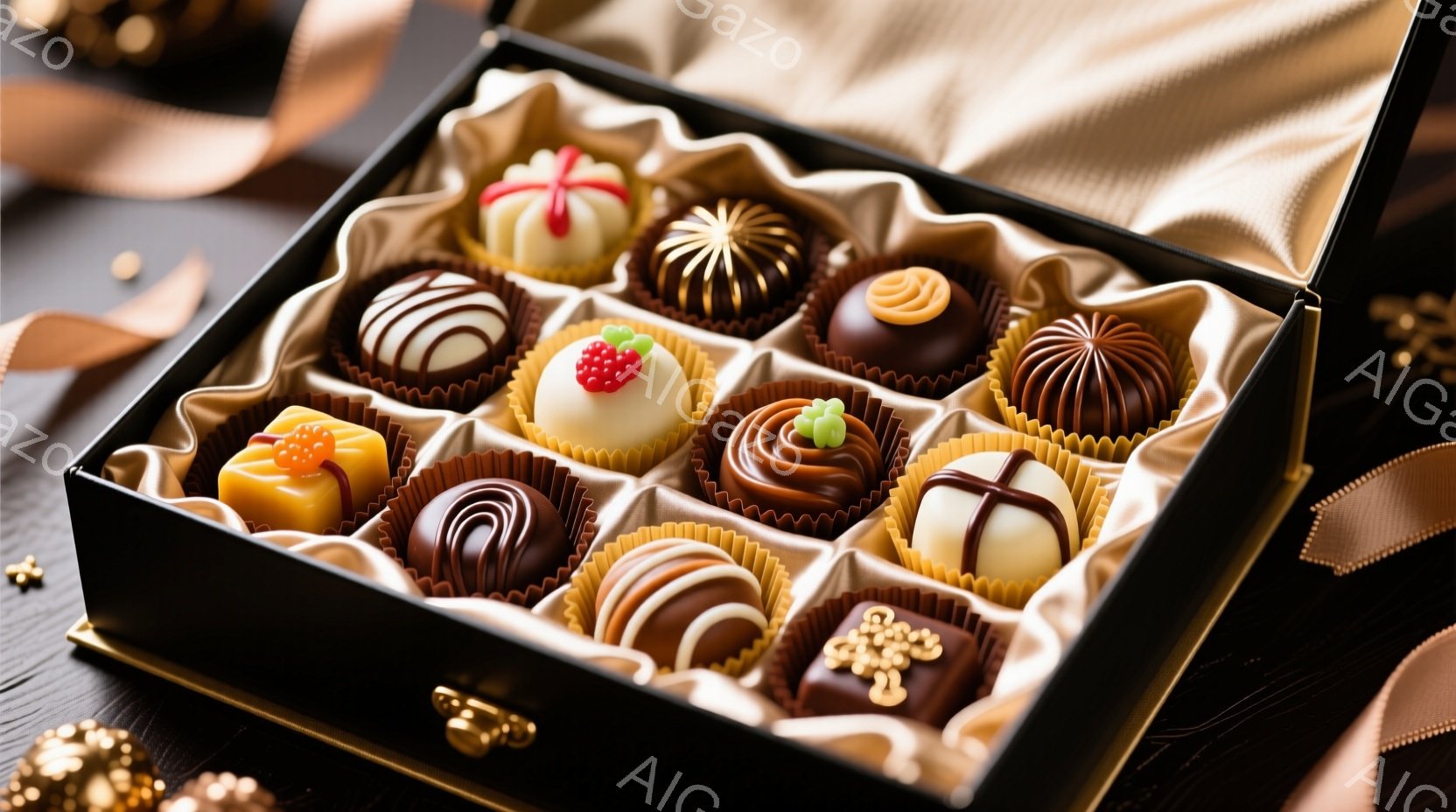 チョコレートが並んだ黒い箱が写っています。様々な色とデザインのチョコレートが、金色の内張りの箱の中に整然と並べられており、豪華で食欲をそそる雰囲気を醸し出しています。背景には、金色の装飾と布が見え、全体的に温かみのある、贅沢な印象を与えます。