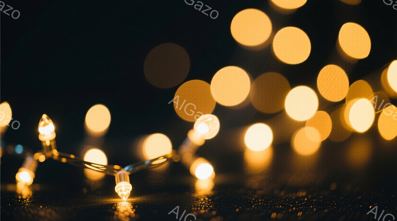 ぼやけた背景に、点灯した小さな電球が連なっている様子が捉えられています。電球は暖色系の光を放ち、暗闇の中で幻想的な雰囲気を醸し出しています。背景は完全に黒く、電球の光がぼんやりと照らすことで、どこかノスタルジックで温かい印象を与えます。