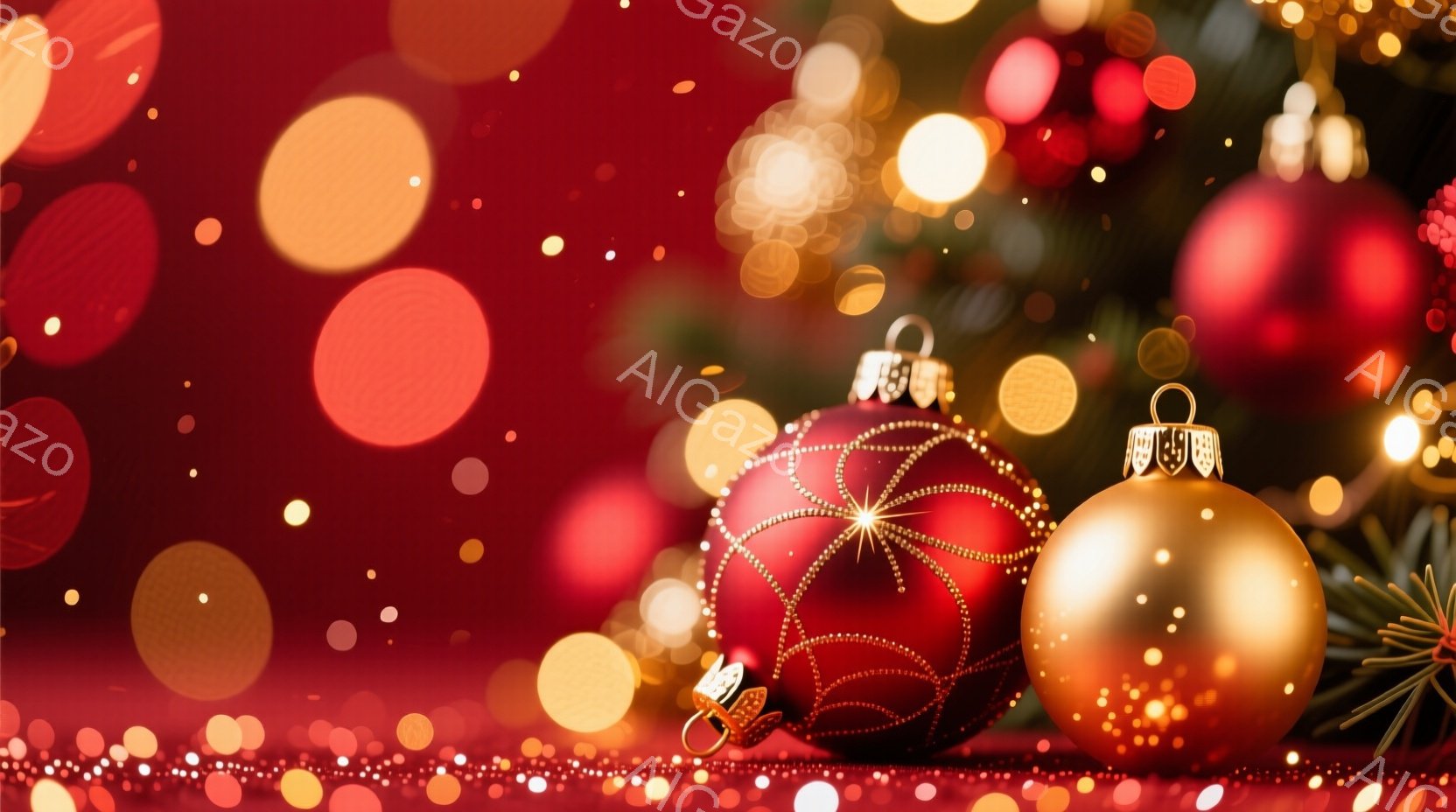 深紅と金色のクリスマスオーナメントが、ぼやけた背景の光の中で輝いている。赤いオーナメントは細かな装飾が施され、金色のオーナメントは滑らかな光沢を放っている。全体的に暖かく、華やかで、祝祭的な雰囲気が漂 - AI生成フリー素材