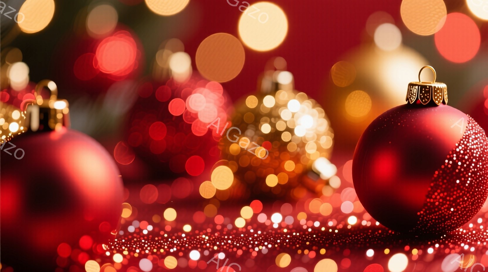 深紅と金色のクリスマスオーナメントがぼやけた背景に浮かび上がっています。赤いオーナメントは光沢があり、金の装飾が施されたトップが付いており、金色のぼかしが暖かく華やかな雰囲気を醸し出しています。全体的に、暖かく、お祝いのムードを強調した、キラキラとした背景が特徴です。