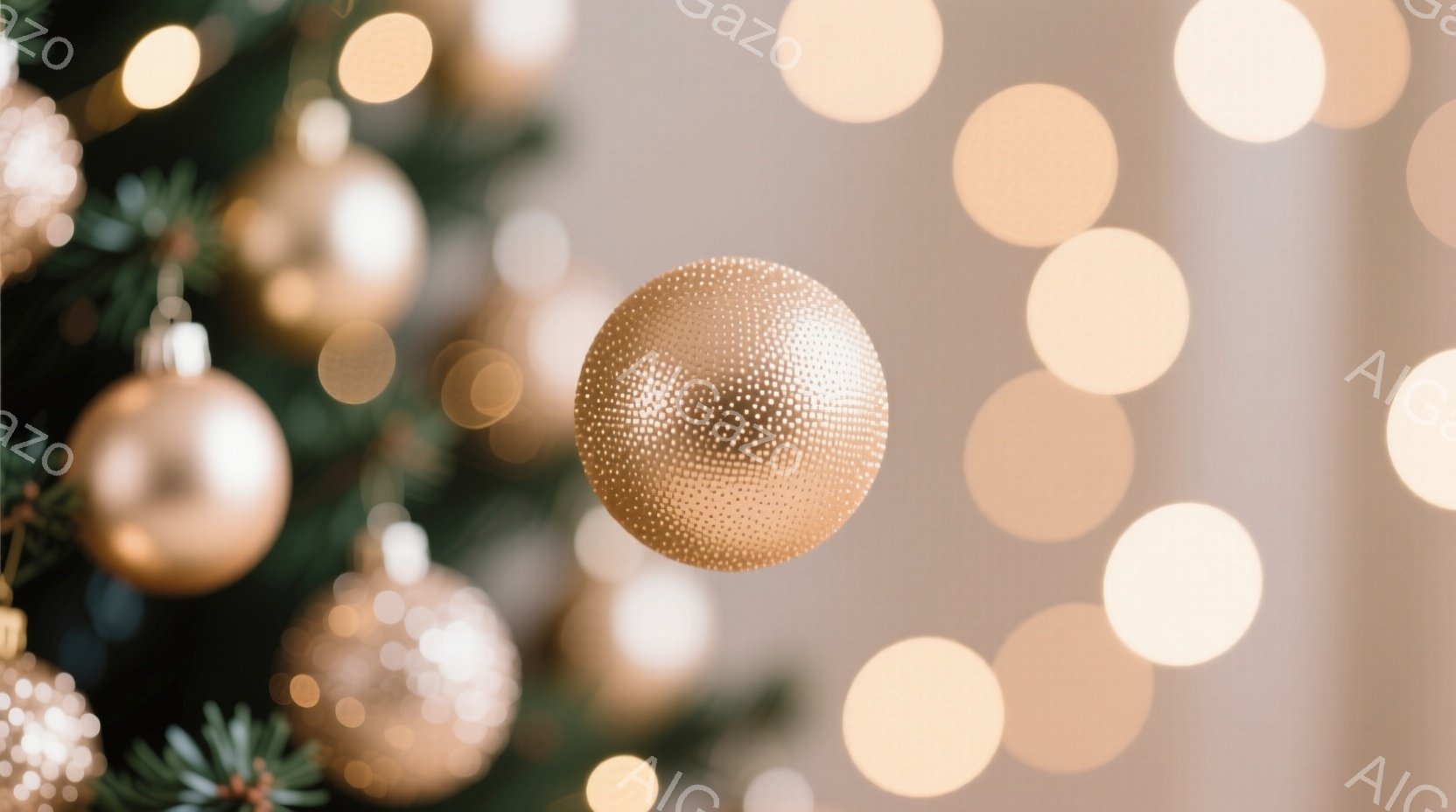 暖色系のぼやけた光が背景に広がり、クリスマスツリーの緑とコントラストをなしている。金色のオーナメントがツリーに飾り付けられており、特に手前のものは焦点が合って、細かいテクスチャがはっきりと見える。全体的に温かく、穏やかな祝祭の雰囲気が漂っている。