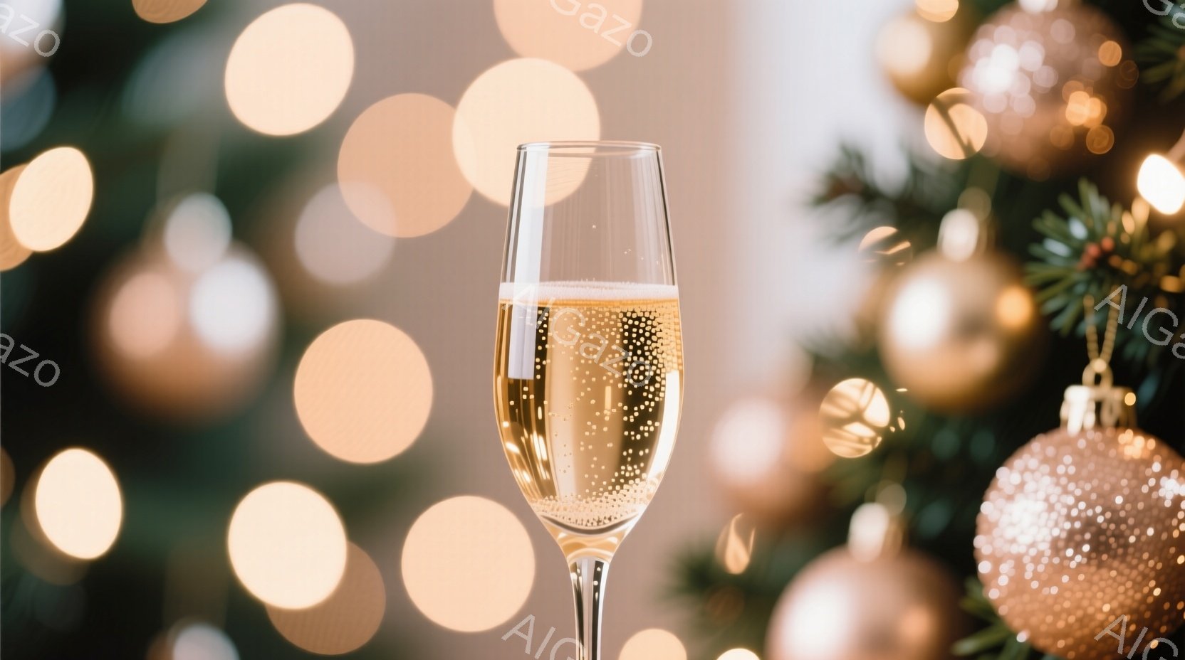 シャンパンが満たされたグラスが、ぼやけたクリスマスツリーの背景に際立って描かれています。背景には、暖色系のぼやけた光の玉と、金色のオーナメントで飾られた緑の木が見え、華やかで祝祭的な雰囲気を醸し出しています。この構図は、贅沢と喜びを象徴する、洗練された冬の光景を捉えています。
