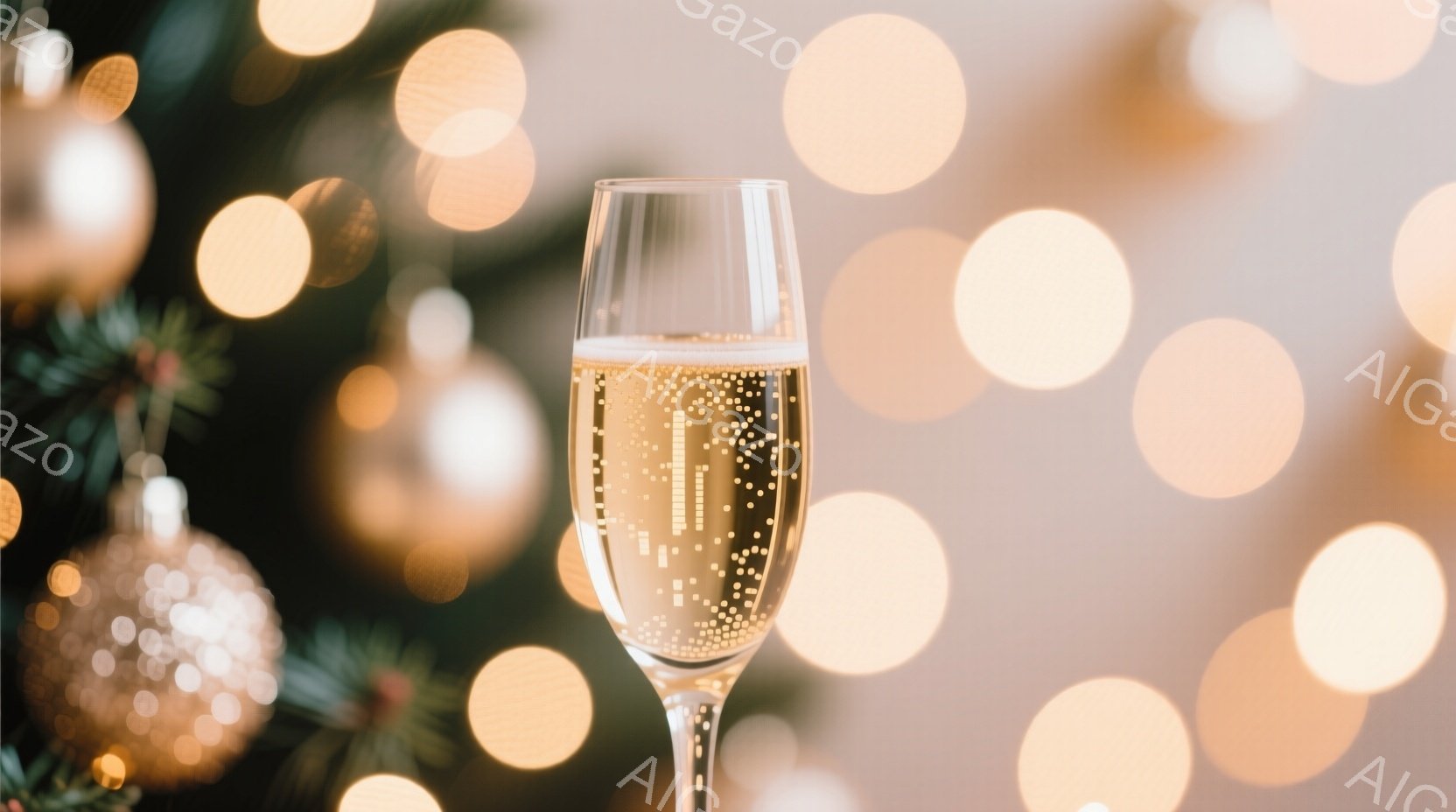 シャンパンが注がれたフルートグラスが画像の中央に配置されており、グラスの中には無数の小さな泡が立ち上っている様子が捉えられている。背景はぼやけたクリスマスツリーの飾りと、温かみのあるゴールドの光のぼやけで満たされており、お祝いの雰囲気を醸し出している。全体的に、華やかで幸福感に満ちた冬の祝祭のイメージが印象的である。