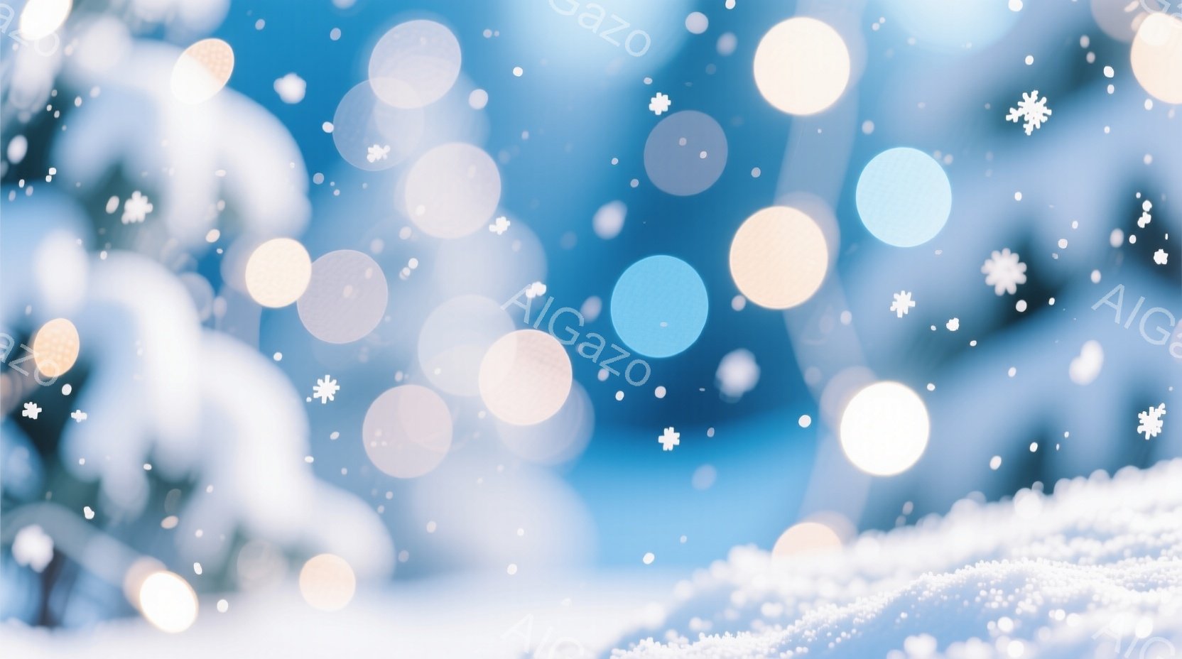 雪が舞い散る冬の風景で、ぼやけた背景には緑の木々が見え、地面には雪が積もっている。背景は青みがかった光で満たされ、光の玉が散りばめられた幻想的な雰囲気を作り出している。全体として、静かで穏やかな冬の日の情景が表現されている。