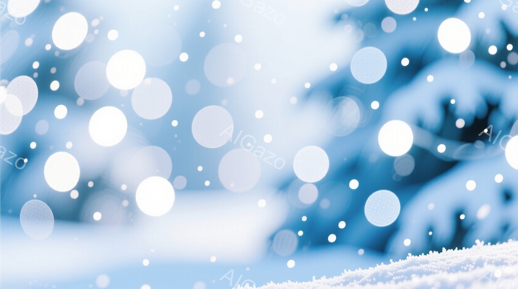 雪が舞い散る冬の風景で、ぼやけた青い背景には針葉樹がわずかに見え、前景には雪のうねりが確認できる。光の玉のようなものが空中に散らばり、幻想的で冷たい雰囲気を醸し出している。全体として、静寂で穏やかな冬の日の情景が印象的である。