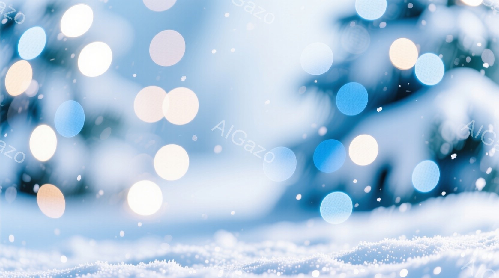 ぼやけた雪景色が広がっており、前景には雪が積もった地面が写っている。背景には、ぼんやりと緑色の木々が見え、無数の光の玉が雪のなかを舞っているように見える。全体的に幻想的で、冬の穏やかな雰囲気が漂っている。