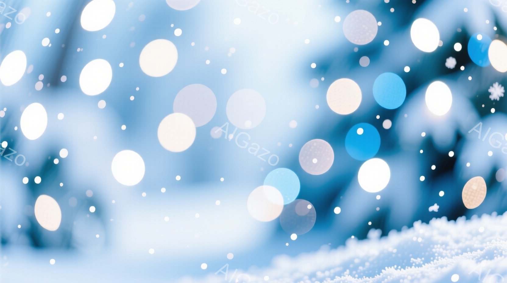 この画像は、ぼやけた冬の風景を描いています。背景には、濃い緑の木々と雪が舞う様子がぼんやりと見え、前景には白い雪が積もっています。光が玉のように散りばめられており、幻想的でロマンチックな雰囲気を醸し出しています。