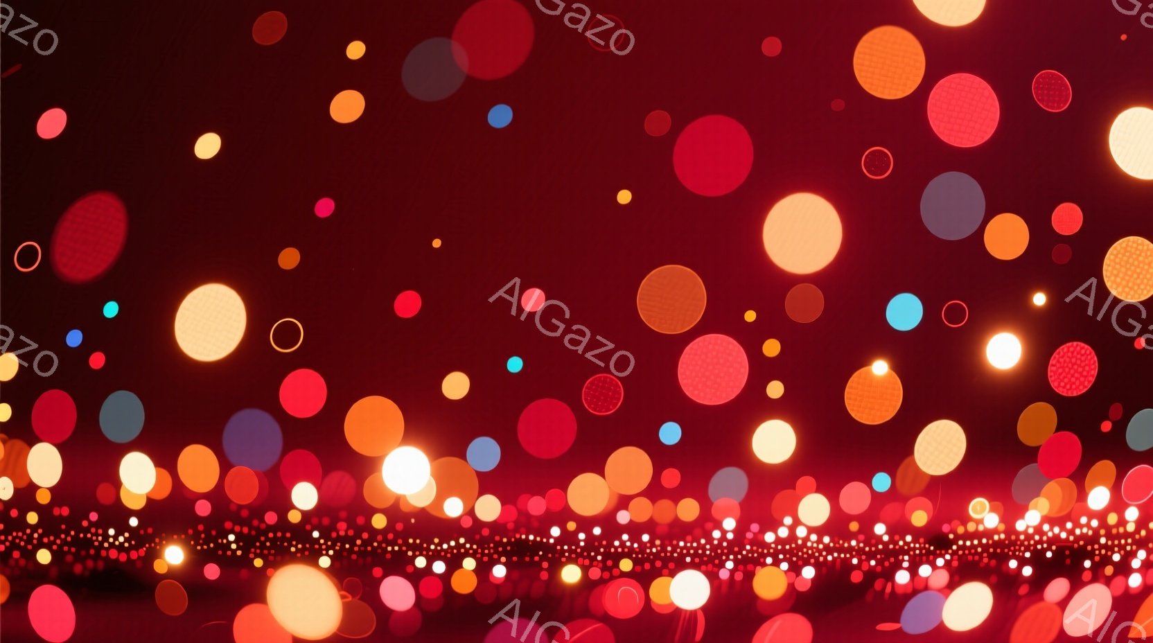 深紅色の背景に、様々な大きさのぼやけた光の球体が無数に散りばめられています。光球はオレンジ、黄色、赤、青など多様な色調を持ち、まるで夜空の星や都市の灯り、あるいはパーティー会場の装飾のようにも見えます。全体的に暖かく、幻想的で、お祭りやイベントの賑わいを連想させる雰囲気です。
