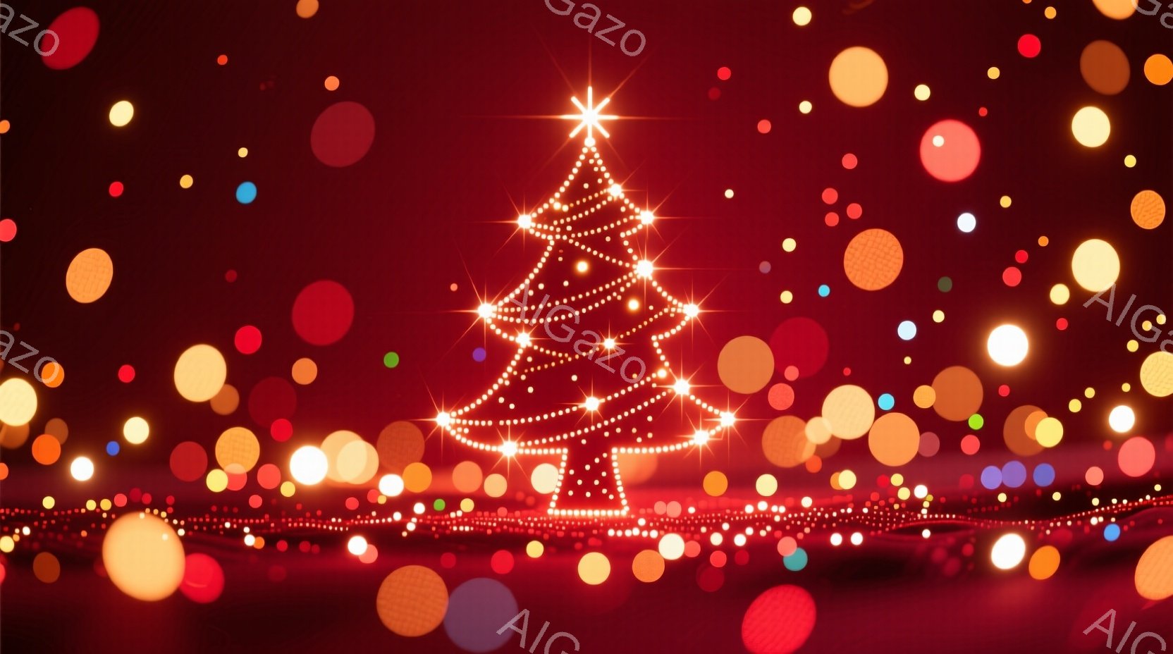 鮮やかな赤い背景に、光り輝く点描画のようなクリスマスツリーが描かれています。ツリーは下部に光の帯があり、背景には様々な大きさのぼやけた光の玉が散りばめられています。全体的に暖かく幻想的な雰囲気が漂い、お祝いの気持ちを高めます。