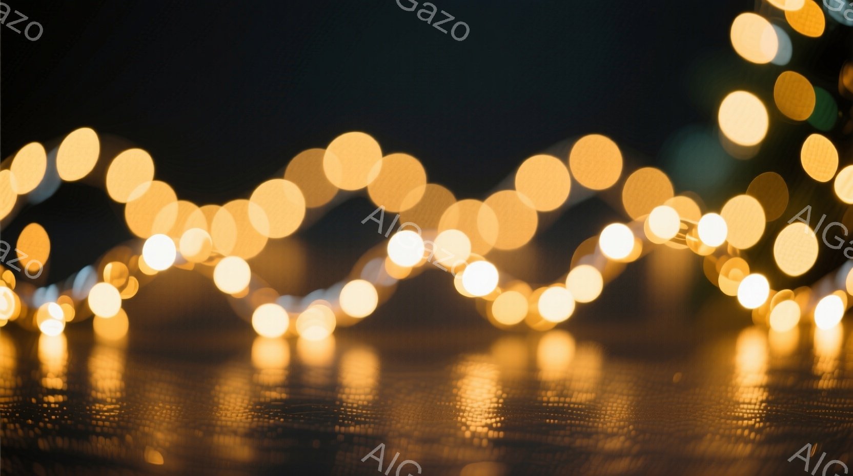 画像は、夜の屋外で、ぼやけた光の帯が印象的な風景です。光は暖色系で、水面や地面に反射し、幻想的な雰囲気を醸し出しています。背景は暗く、光のコントラストが際立ち、ロマンチックで穏やかな夜の情景を表しています。