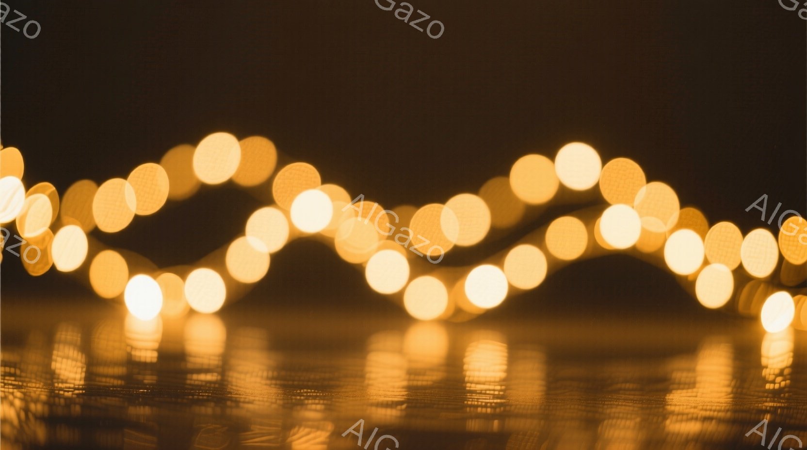 ぼやけた黄金色の光が、暗い背景の中で光の帯のように並んでいる。光はまるで小さな星のようで、表面は木製の質感がうかがえる暗い台の上に反射している。全体的に暖かく、夢幻的な雰囲気を醸し出しており、穏やかでリラックスした気分になる。