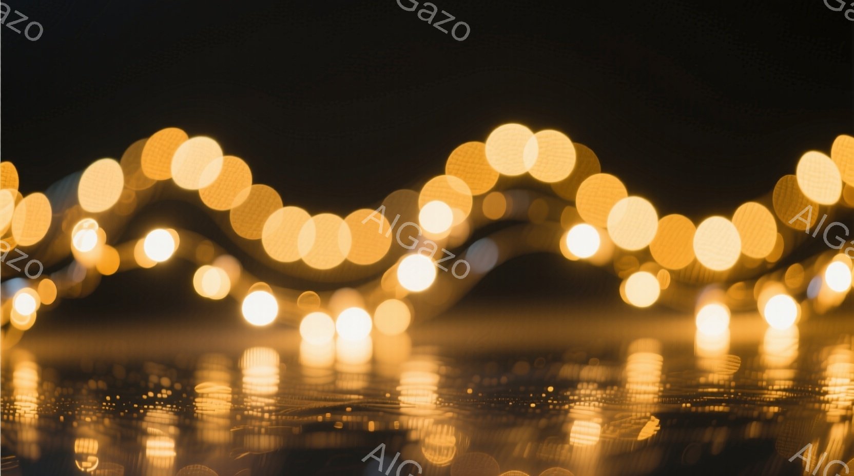 画像はぼやけた光の帯で構成されており、まるで夜空の星や街灯の光が水面に反射しているかのようだ。光は暖色系の黄色で、全体的に幻想的でロマンチックな雰囲気を醸し出している。下部には光の反射がぼやけており、水面がわずかに波打っている様子が伺える。