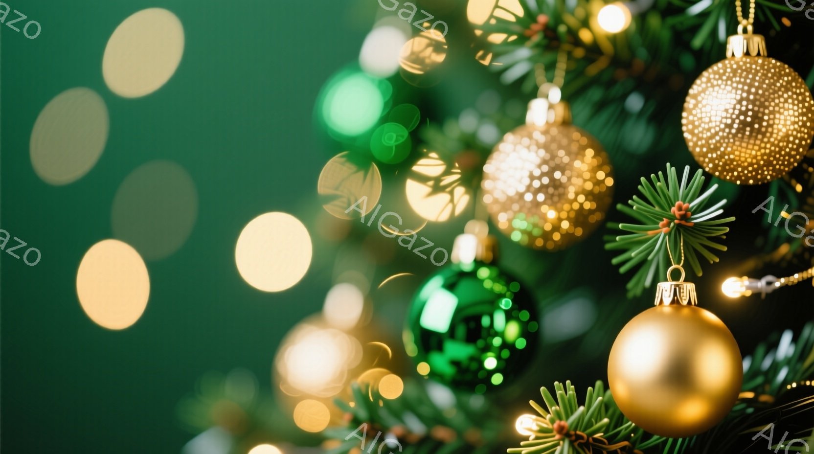 鮮やかな緑色の背景に、様々なクリスマスオーナメントが飾られています。金色のボールや緑色の光沢のあるオーナメントが、クリスマスの飾り付けである針葉樹の枝の間から覗いています。ぼやけた光の玉が背景に散りばめられており、温かく幻想的な雰囲気を醸し出しています。