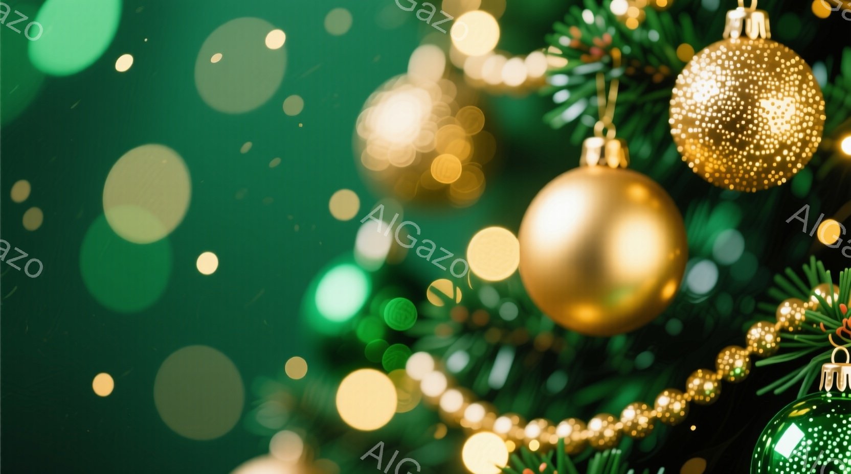 鮮やかな緑色の背景に、金色のクリスマスオーナメントが飾られています。きらめく光のボケと、松の葉の緑が華やかさを演出し、背景には繊細な金のビーズのガーランドが光っています。全体的に、暖かく、お祝いの雰囲 - AI生成フリー素材
