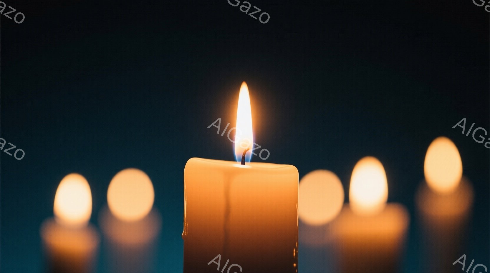 ぼんやりとした暗闇の中に、数本のろうそくが並んでおり、中心にあるろうそくだけが明るく燃え上がっている。他のろうそくはぼんやりと光を放ち、背景は完全に暗く、静かで落ち着いた雰囲気を醸し出している。暖かく穏やかな光が、安らぎと希望の感情を呼び起こすような、神秘的な光景だ。