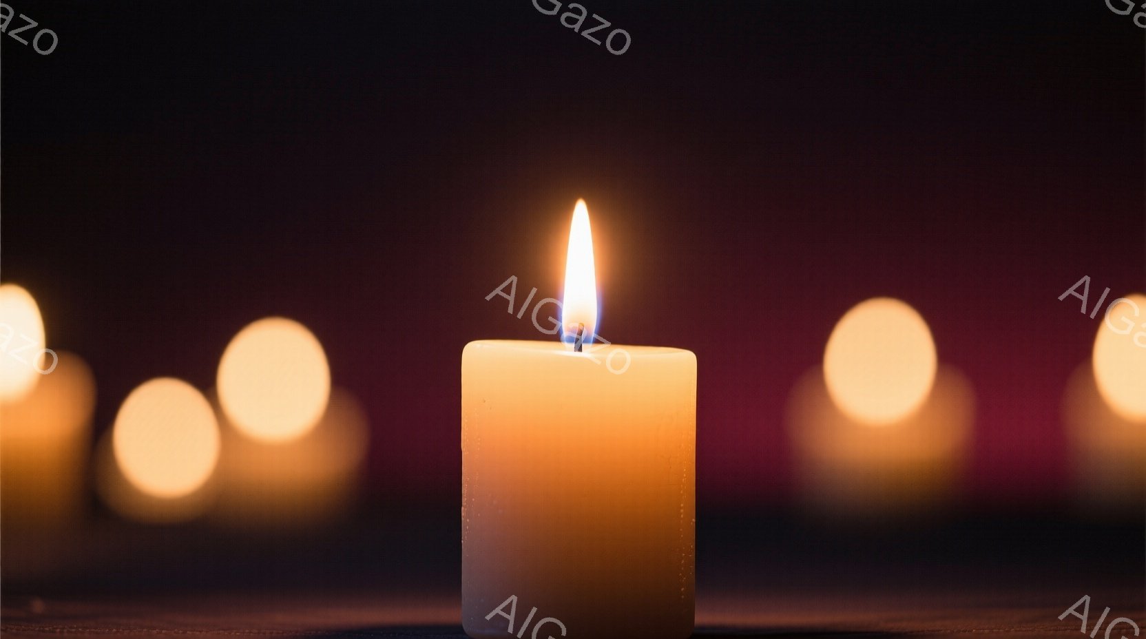 ぼやけた背景の中に、明るく輝くろうそくが複数並んでいます。手前のろうそくは他のものより少し大きく、炎がはっきりと見え、周囲を暖かく照らしています。全体的に落ち着いた雰囲気で、柔らかな光が静寂と安らぎを感じさせます。