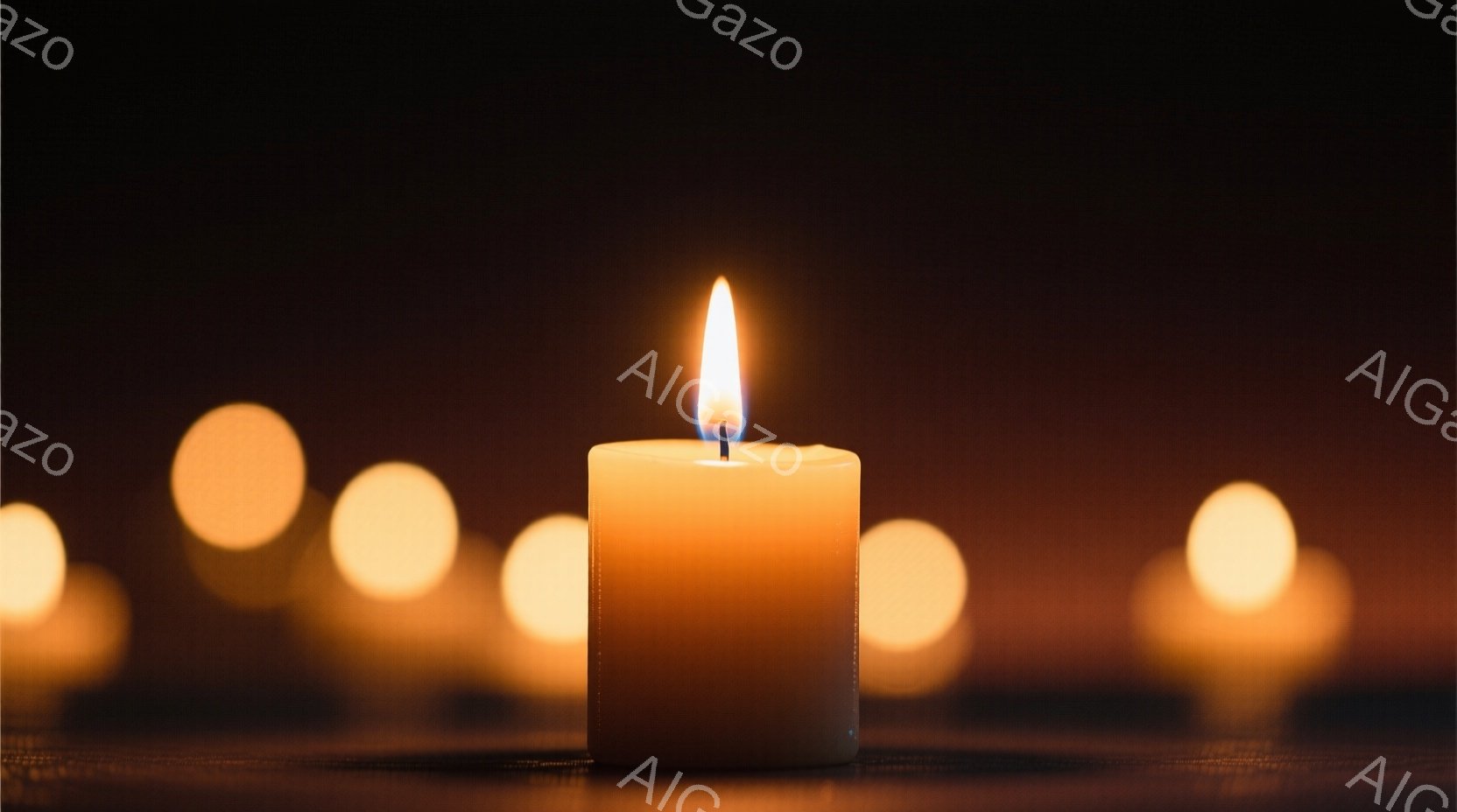 ぼやけた背景の中に、中心に置かれた明るく燃えるキャンドルが際立って見える。キャンドルの炎はオレンジ色で、光がキャンドルの表面に暖かく反射している。全体的に、静かで穏やかな、あるいは瞑想的な雰囲気が漂っている。