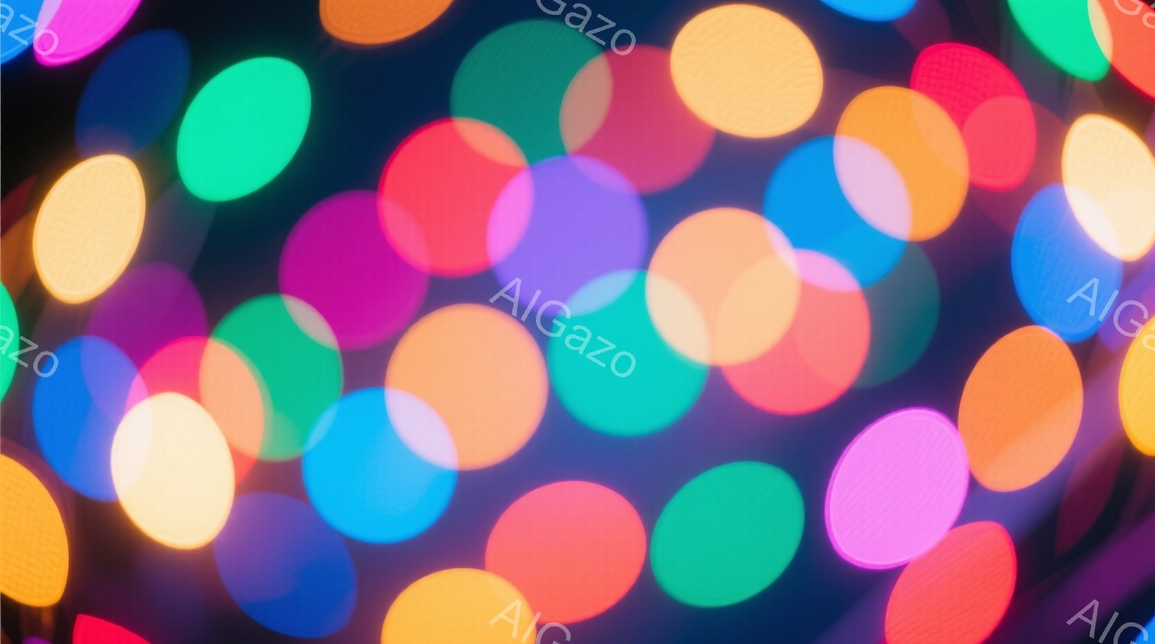 画像全体がぼやけた色彩豊かな光の円で埋め尽くされています。オレンジ、ピンク、ターコイズブルー、黄色などの鮮やかな色が混ざり合い、夢幻的な雰囲気を醸し出しています。焦点が合っていないため、背景や具体的な形は不明瞭ですが、まるで夜空の星屑や光の粒子が舞い散っているような印象を与えます。