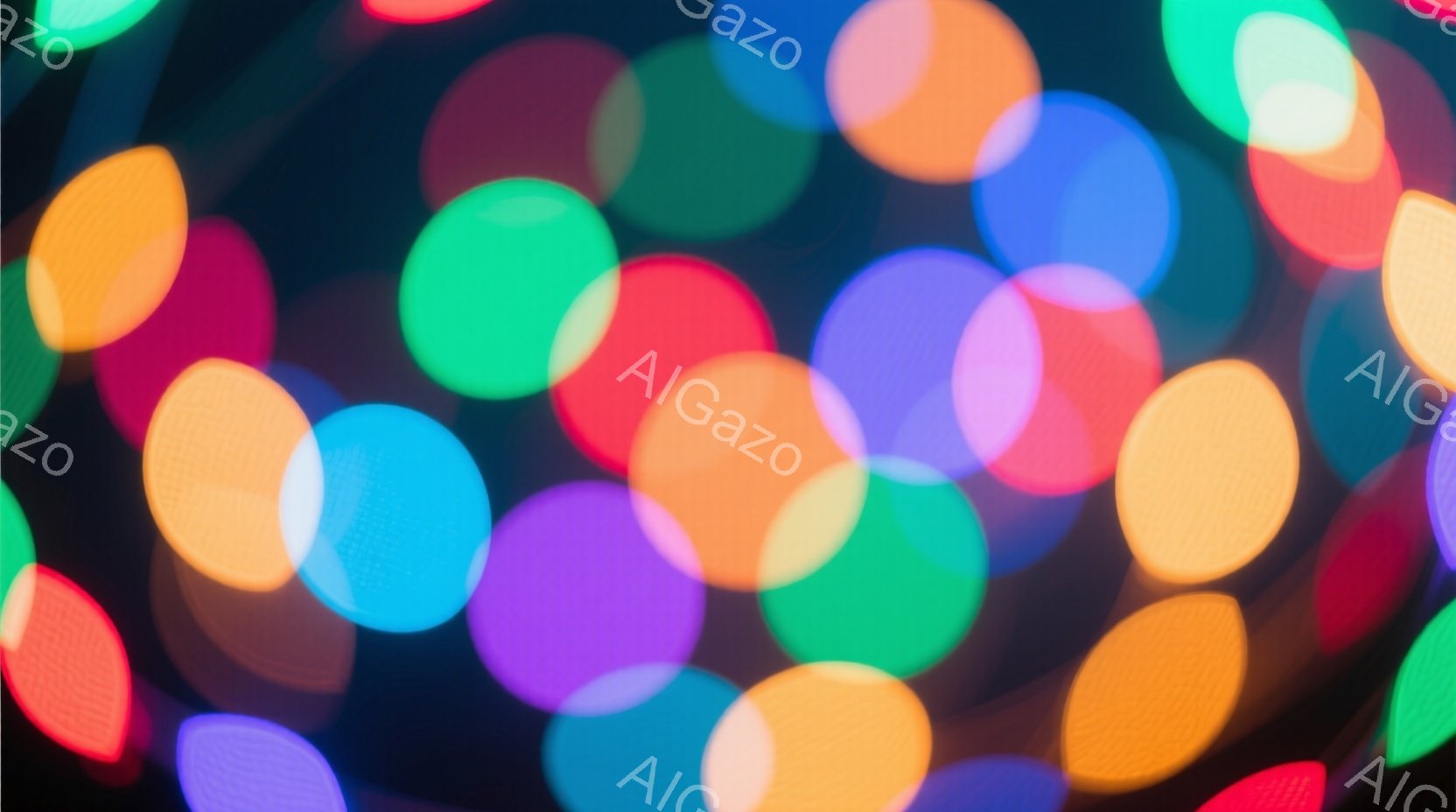 この画像は、様々な色のぼやけた光の円が重なり合って構成されています。鮮やかなオレンジ、紫、水色、緑などの色が混ざり合い、抽象的で幻想的な雰囲気を醸し出しています。背景は暗く、光の円が際立って見えます。