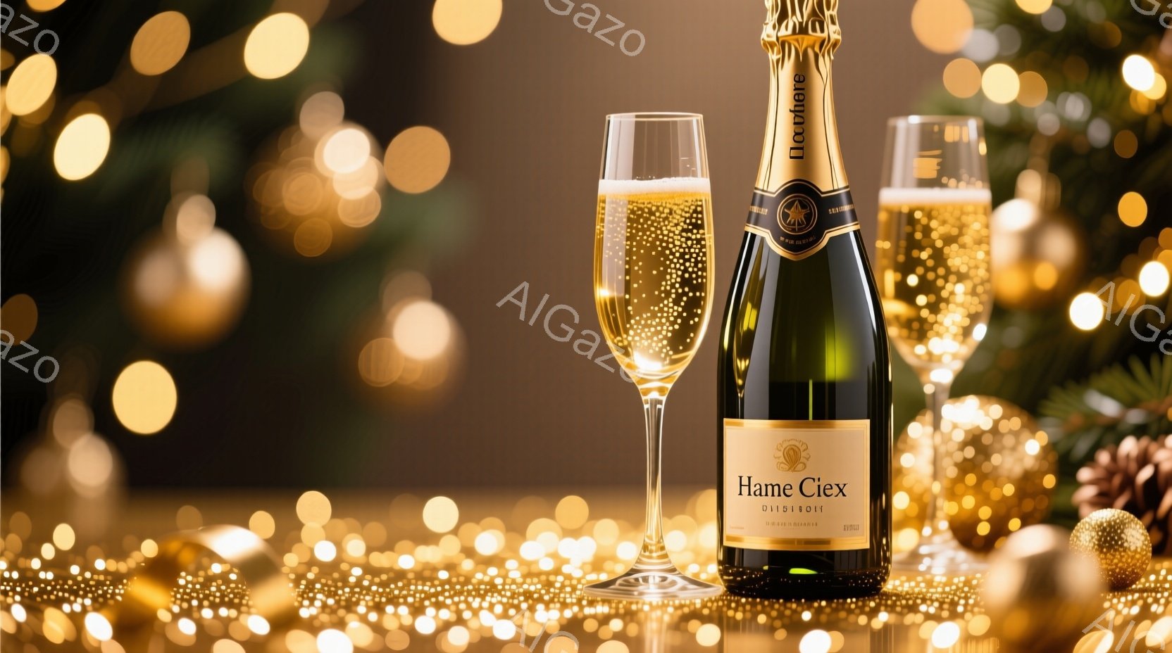 画像には、光り輝く金色の背景の中で、シャンパンのボトルとグラスが並んでいます。グラスには泡立つシャンパンが満たされ、ボトルには「Hame Ciex」というラベルが貼られています。背景にはぼやけたクリス - AI生成フリー素材