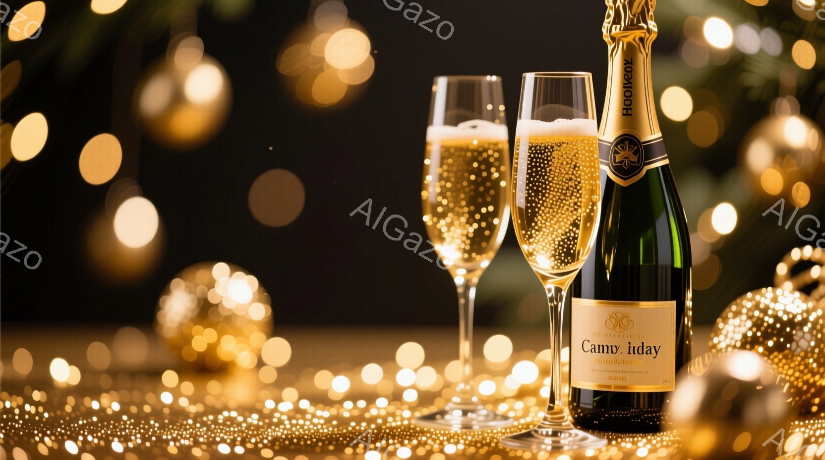 黄金色のぼかしを背景に、シャンパンボトルとグラスが並んでいます。グラスには泡が立ち上り、ボトルには「Camv Iday」というラベルが貼られています。背景には、ぼやけたクリスマスツリーの緑が見え、全体的に華やかで祝祭的な雰囲気を醸し出しています。
