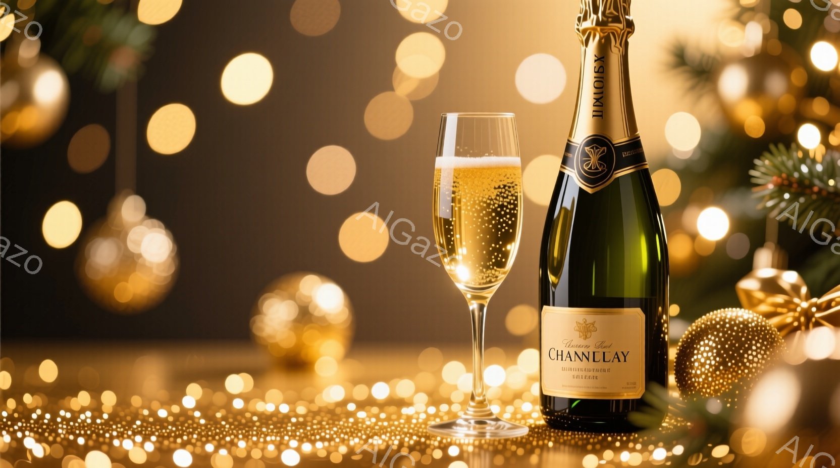 シャンパンボトルとグラスが、キラキラと輝く黄金色の背景の中に配置されています。ボトルには「CHANLLAY」というラベルが貼られており、グラスには泡が立ち、お祝いの雰囲気を醸し出しています。背景にはぼ - AI生成フリー素材