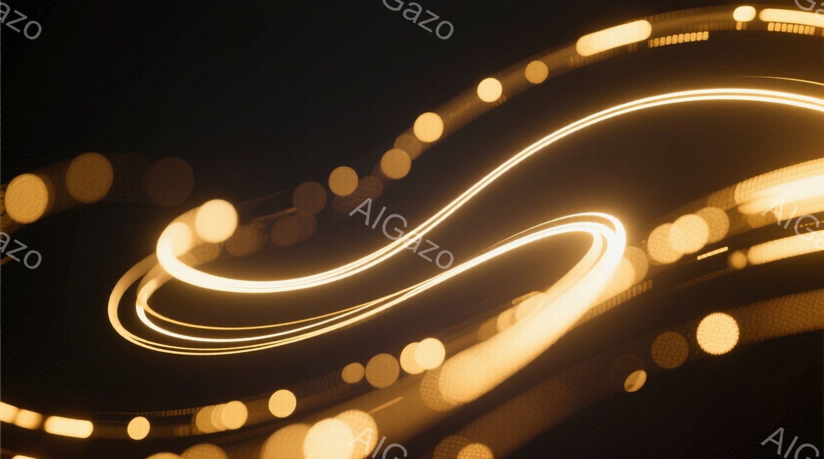 暗い背景に、流れるような光の線が幾重にも重なり、まるで光跡のように見える。ぼやけた光の点は、まるで遠くの街灯や車のヘッドライトのように感じられ、夜の都市の風景を想起させる。全体的に、動きのある神秘的な雰囲気で、速度感と光の美しさが際立っている。