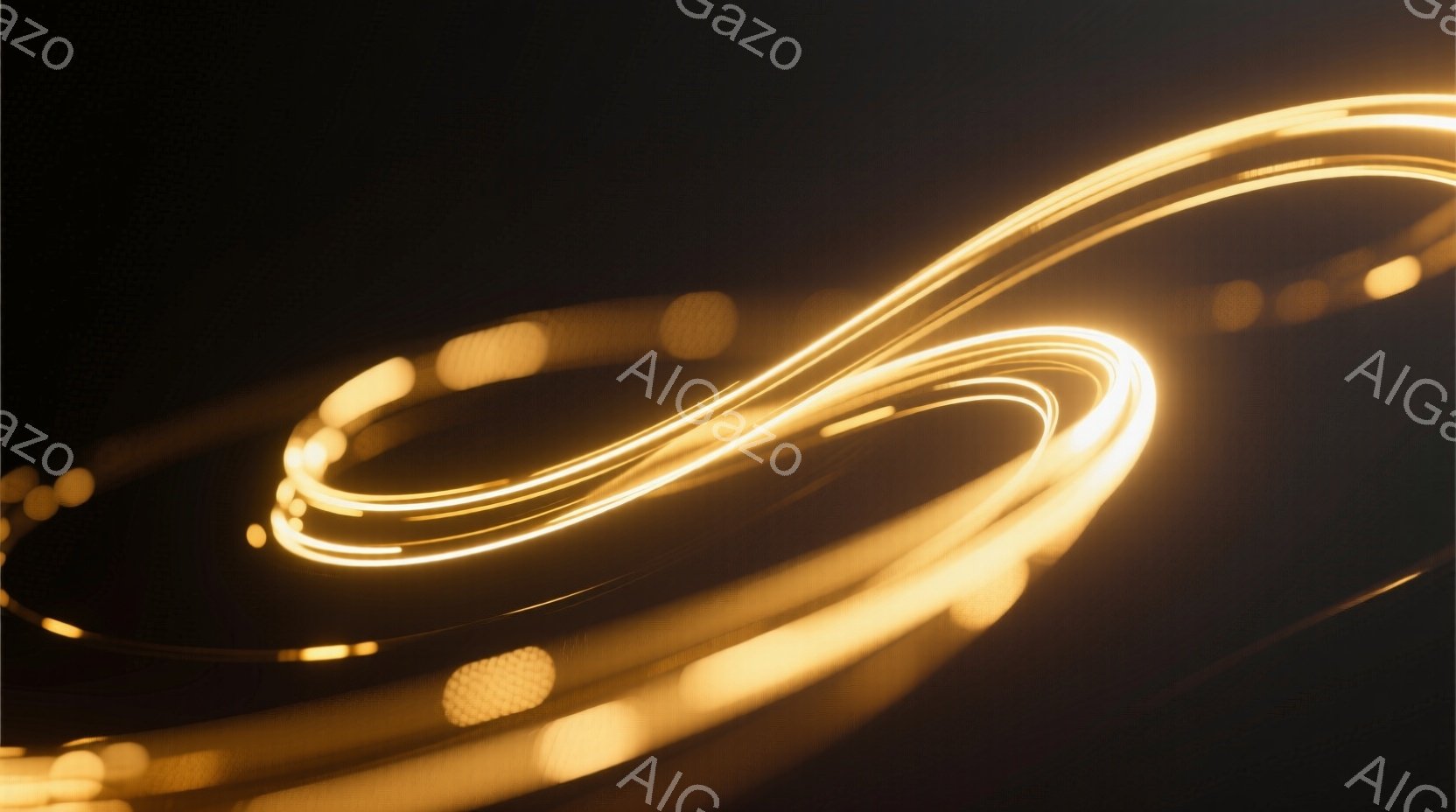 暗い背景に、光の線が曲線を描き、まるでエネルギーの流れや軌跡を捉えたように見える。光の線は鮮やかな黄色で、ぼやけた光の粒子が周囲に散らばり、動きと奥行きを感じさせる。全体的に神秘的で、流動的な雰囲気が - AI生成フリー素材