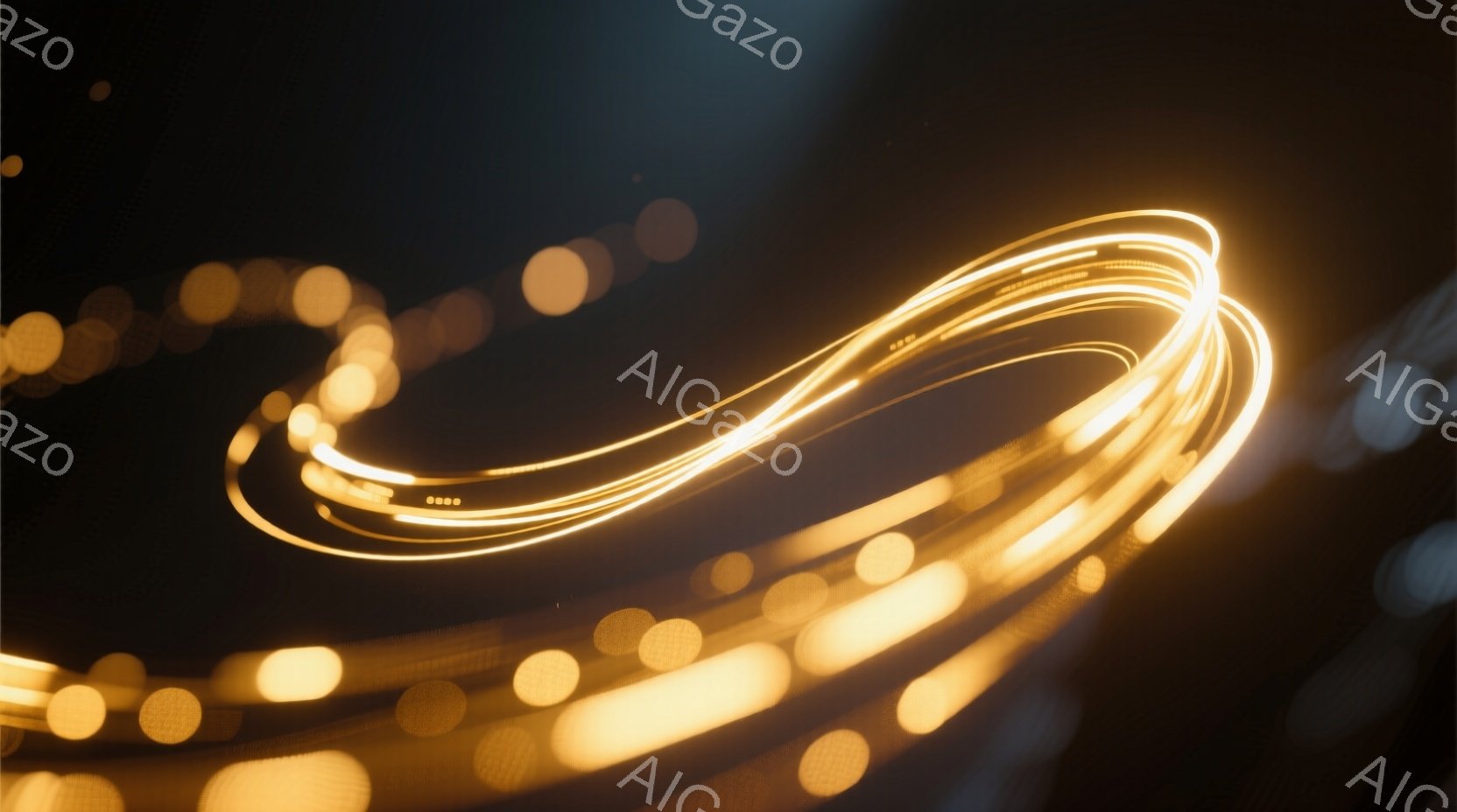 暗い背景に、光の帯が流れるように描かれている。光は鮮やかな黄色で、動きのある曲線を描き、まるで光の軌跡のようだ。背景にはぼんやりとした光の玉が散らばり、幻想的な雰囲気を醸し出している。