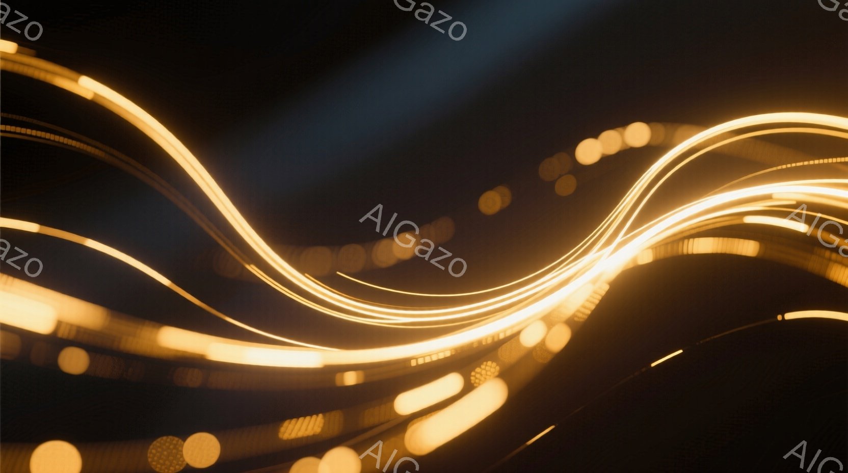 鮮やかなオレンジ色の光の軌跡が、暗い背景の中に流れるように描かれている。光は曲線的で躍動感があり、まるで光の帯が空間を縫うように見える。背景は完全に黒く、光の軌跡が際立つことで、神秘的で幻想的な雰囲気が生まれている。