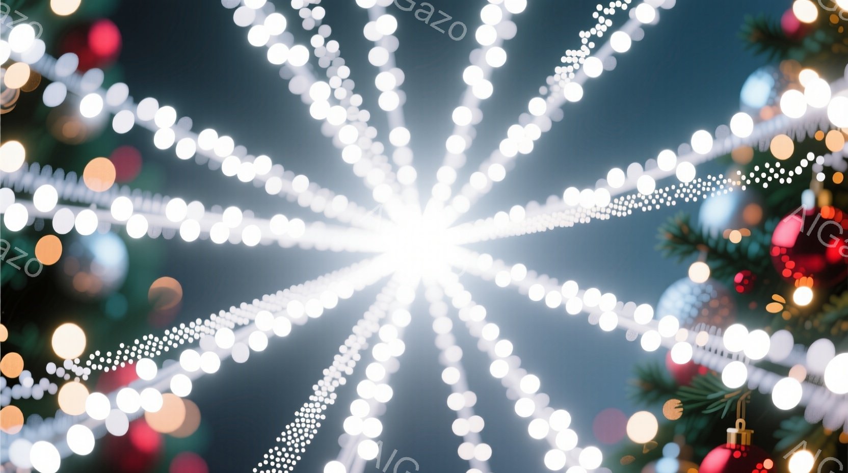 この画像は、クリスマスツリーの光と背景のぼやけた光のストリークが特徴です。明るい光の線が中心から放射状に広がり、お祝いの雰囲気を醸し出しています。緑色の葉とぼやけた色の光が、温かく幻想的な雰囲気を添え - AI生成フリー素材