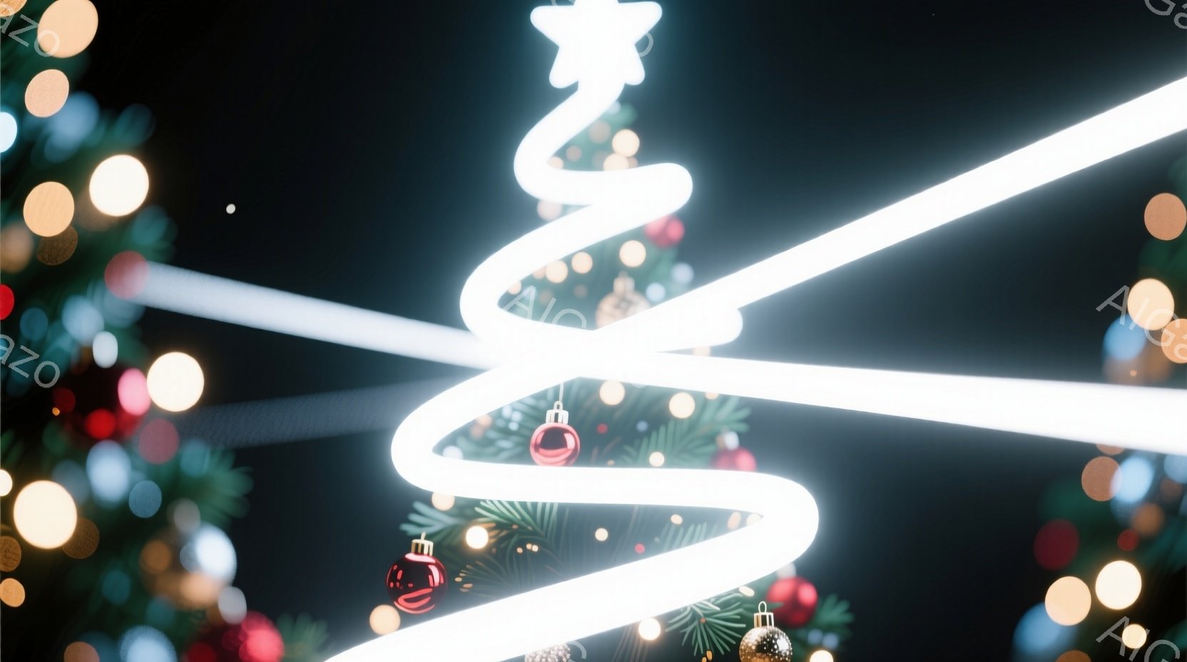 鮮やかな背景に白い光の線で描かれたクリスマスツリーが印象的な画像です。ツリーには赤や金のオーナメントが散りばめられており、ぼやけた背景の光が幻想的な雰囲気を醸し出しています。まるで光の軌跡で描かれたかのようなツリーは、現代的でミニマルなクリスマスの表現として捉えられます。