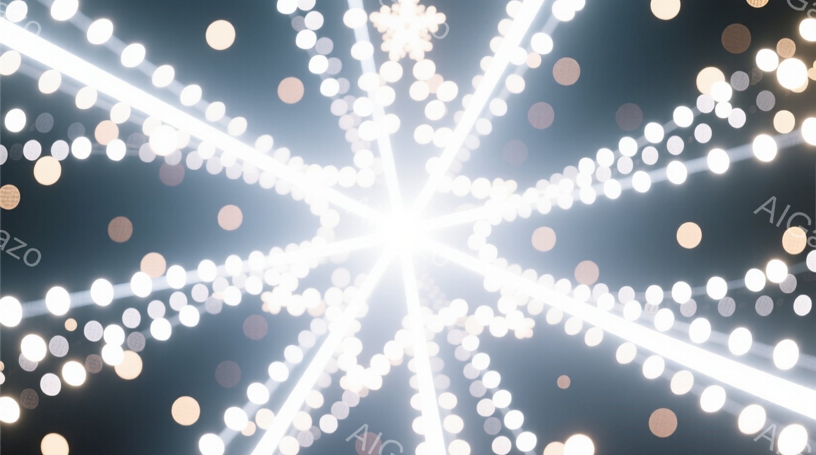 この画像は、ぼやけた光の線が星のように広がる様子を描いています。光の線は白と淡い黄色を帯びており、暗い背景の中で鮮やかに輝いています。全体的に幻想的で夢のような雰囲気であり、夜空の星や光の軌跡を連想さ - AI生成フリー素材