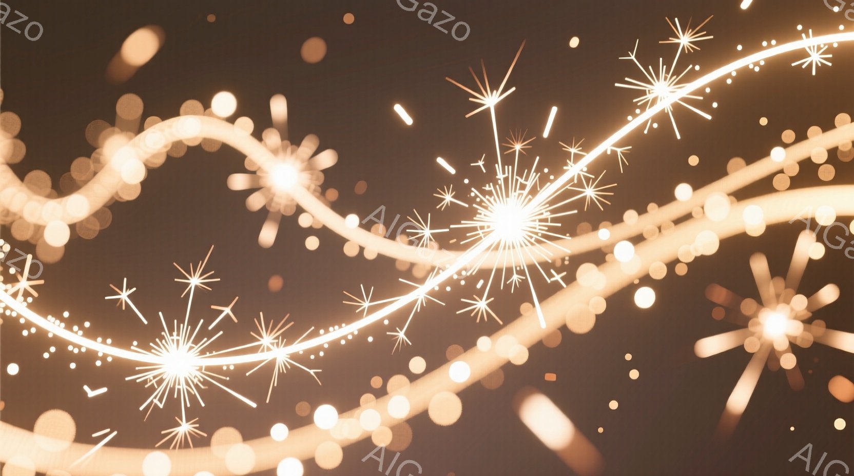 暗い背景に、光の線が放射状に広がる様子が描かれています。光の線はまるで花火のように、様々な明るさと形で輝き、幻想的な雰囲気を醸し出しています。全体的に暖色系の色調で、温かく、ロマンチックな印象を与えます。