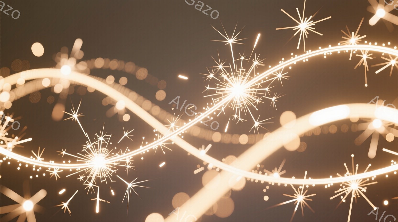 ぼやけた背景に、光の軌跡が線や星のように描かれています。光は金色や白で、まるで夜空に咲く花火や、光るリボンが舞っているかのようです。全体的に暖かく幻想的な雰囲気を醸し出しています。