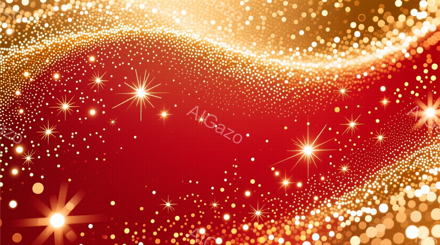 真っ赤な背景に、無数の金色の光の粒子が散りばめられています。光の粒子は星のように輝き、まるで夜空のような幻想的な雰囲気を醸し出しています。一部には、より大きく、鮮やかな光の放射線が、きらめきを強調しています。