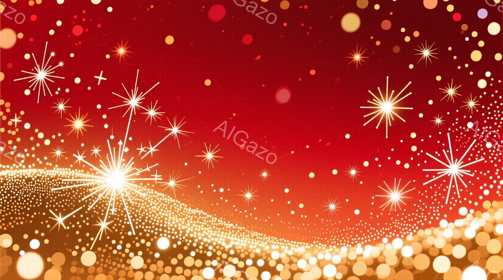 鮮やかな赤い背景に、大小様々な輝く光の粒子が散りばめられています。画面下部には、より密度の高い金色の光の帯が水平に走り、まるで地平線のような印象を与えます。全体的に華やかで、お祝いや特別なイベントを連想させる雰囲気です。