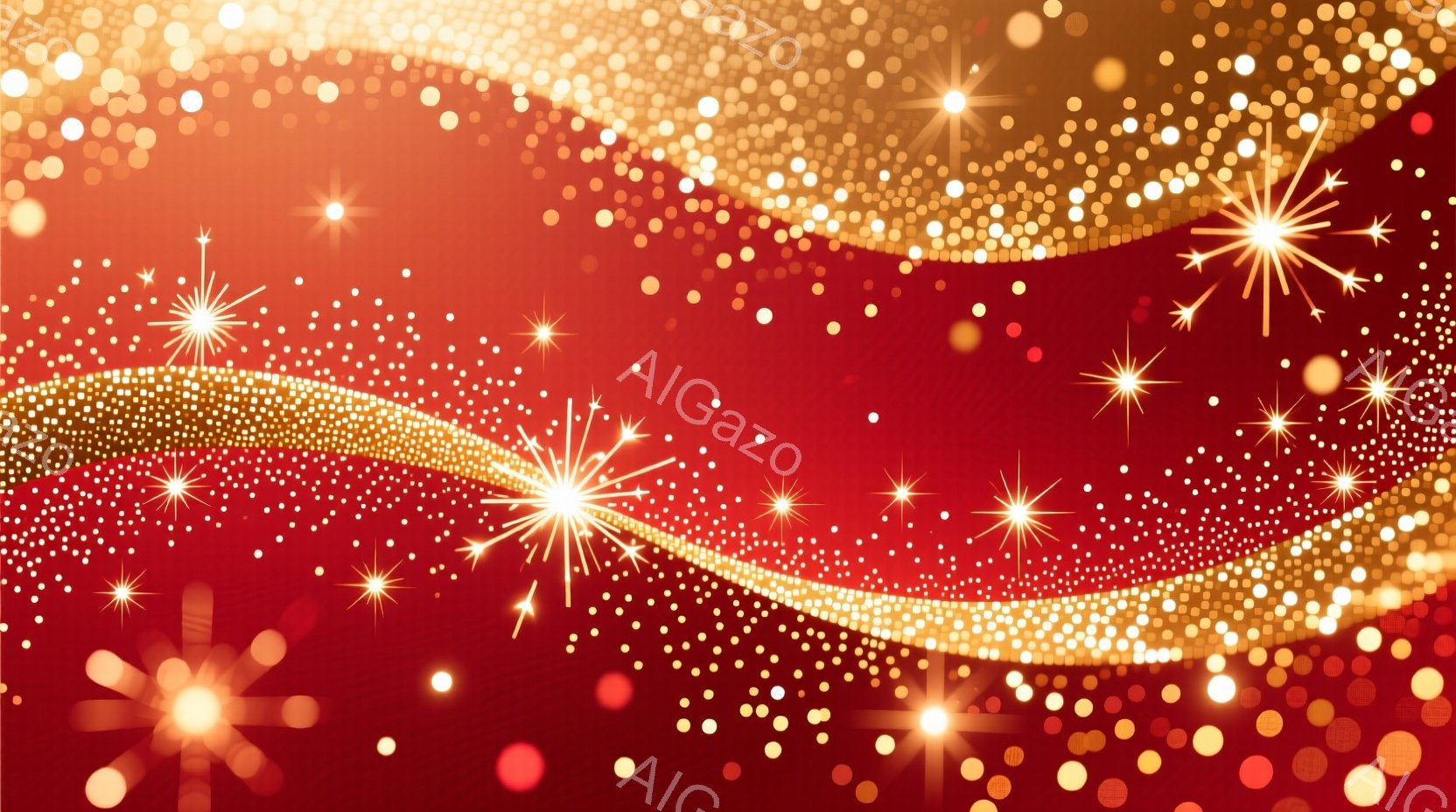 深い赤色の背景に、無数の金色の輝きと星が散りばめられています。画面全体に金色の帯が曲線的に広がり、光の粒子が舞い散る様子は、華やかで夢幻的な雰囲気を醸し出しています。この画像は、お祝いやイベントの背景として使用するのに適しています。