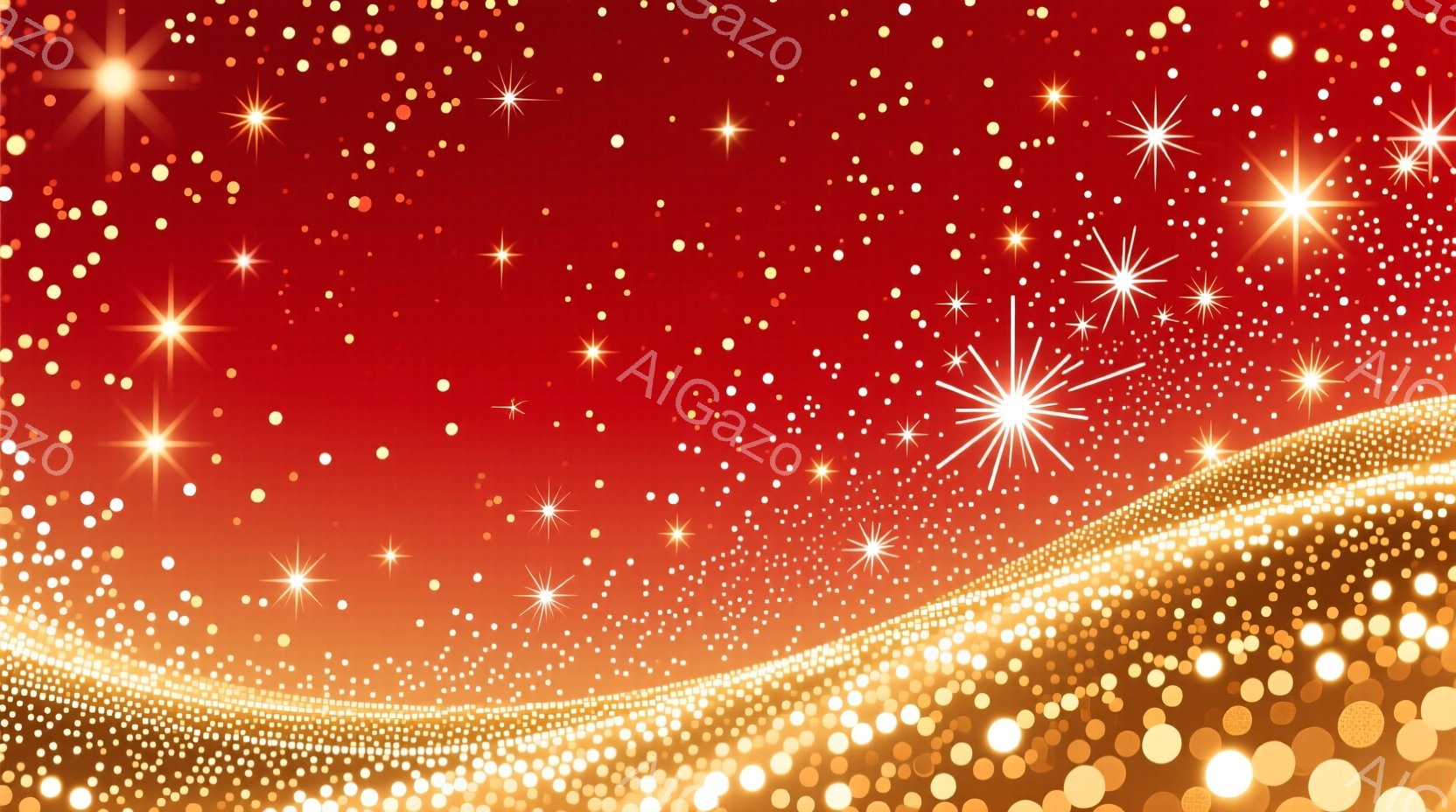 深紅色の背景に、無数のきらめく光が散りばめられています。画面下部には、金色の粒が連なる帯が曲線を描き、光の波のような印象を与えます。全体的に華やかで幻想的な雰囲気で、お祝いや特別なイベントを連想させます。