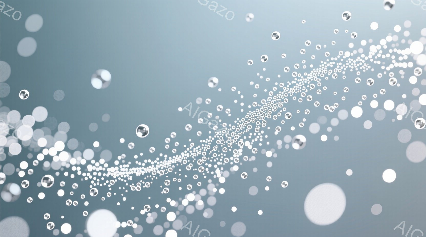 画像全体は、淡いグレーの背景に、無数の小さな光の粒子が、まるで流れ星のように一方向に流れる様子が描かれています。粒子はサイズや明るさにばらつきがあり、一部はぼやけて光の筋を描き、幻想的な雰囲気を醸し出しています。全体として、静かで神秘的な空間を表現しており、まるで宇宙空間や夢の中のような印象を与えます。