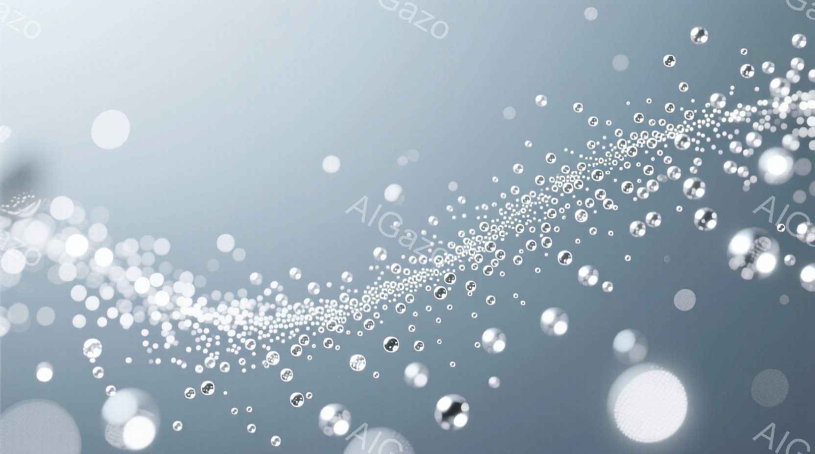 多数のきらめく光の粒子が、画面全体に広がり、まるで水中の泡や星屑のように見えます。光の粒子は様々な大きさで、明るさも異なり、流動的な曲線を描いて拡散しています。全体的に、夢幻的で、幻想的な、または魔法のような雰囲気を醸し出しています。