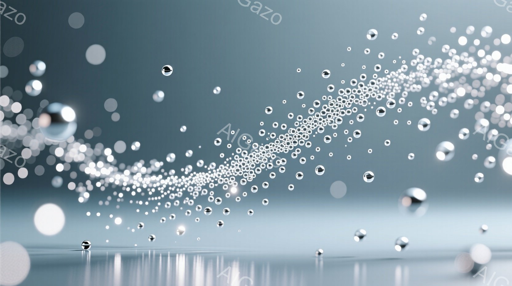 滑らかなグレーの表面が広がり、無数の水滴が右上に散らばり、まるで流れ星のようです。水滴は大小様々で、光を反射して輝き、幻想的な雰囲気を醸し出しています。背景はぼやけており、水滴が際立つように設計されています。