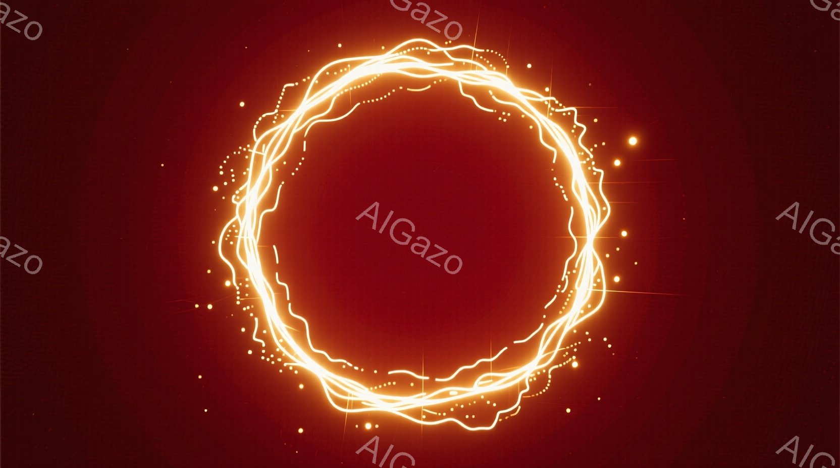 深い赤色の背景に、明るい黄色の光の円が描かれています。円は複数の光の線で構成されており、均一ではなく、ところどころで途切れ途切れになっています。光の線は、星のように小さな光の粒子によって散りばめられて - AI生成フリー素材