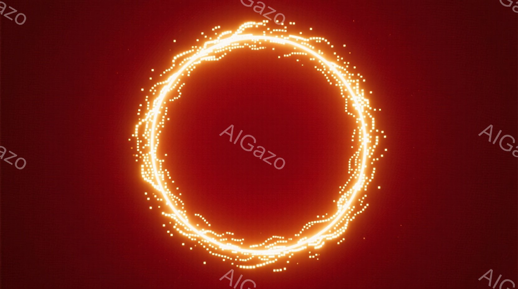 深紅色の背景に、光の粒子で構成された円が浮かび上がっている。光の粒子は不規則な形状で、まるでエネルギーの流れを視覚化したかのようだ。全体的に神秘的で、力強いエネルギーを感じさせる雰囲気である。 - AI生成フリー素材