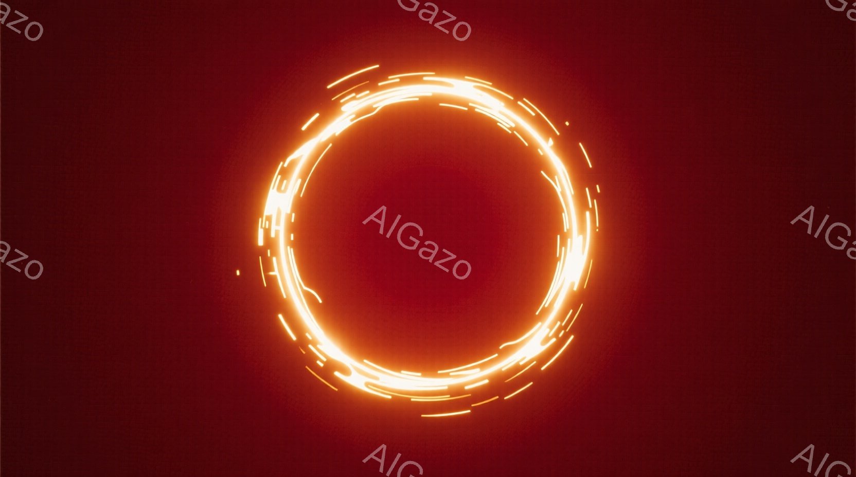 深紅色の背景に、光のリングが円を描いて浮かび上がっている。リングは細長い光の線が断続的に並んで構成されており、動きのある印象を与える。全体的に神秘的で、エネルギーを感じさせる雰囲気である。