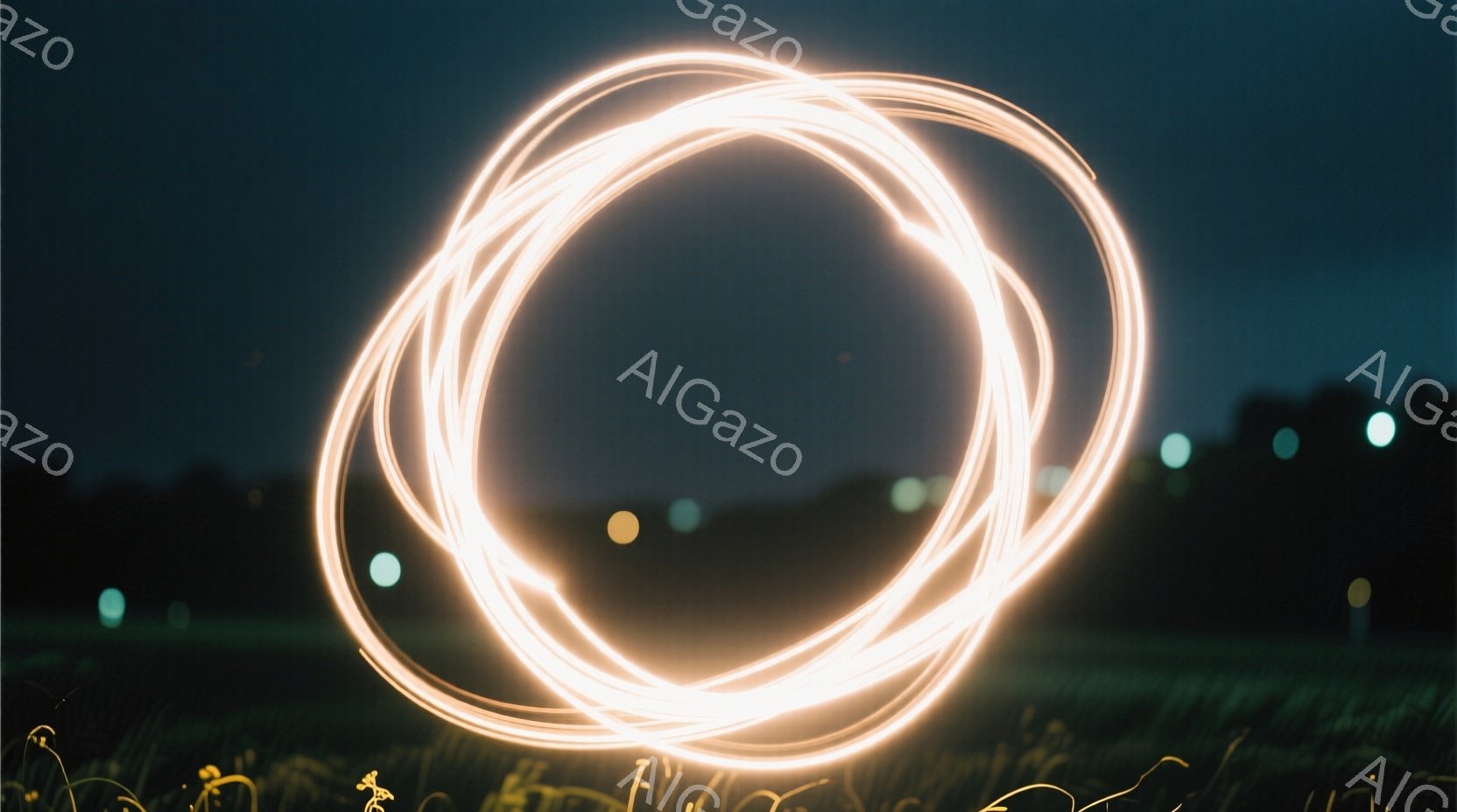 夜空を背景に、光のリングが三つ重なり合って描かれている。リングは鮮やかな黄色で、光の軌跡がぼやけていることから、長時間露光で撮影されたものと推測される。下には緑色の草が生い茂り、遠くにはぼんやりとした光点が見える、幻想的で神秘的な雰囲気の写真である。