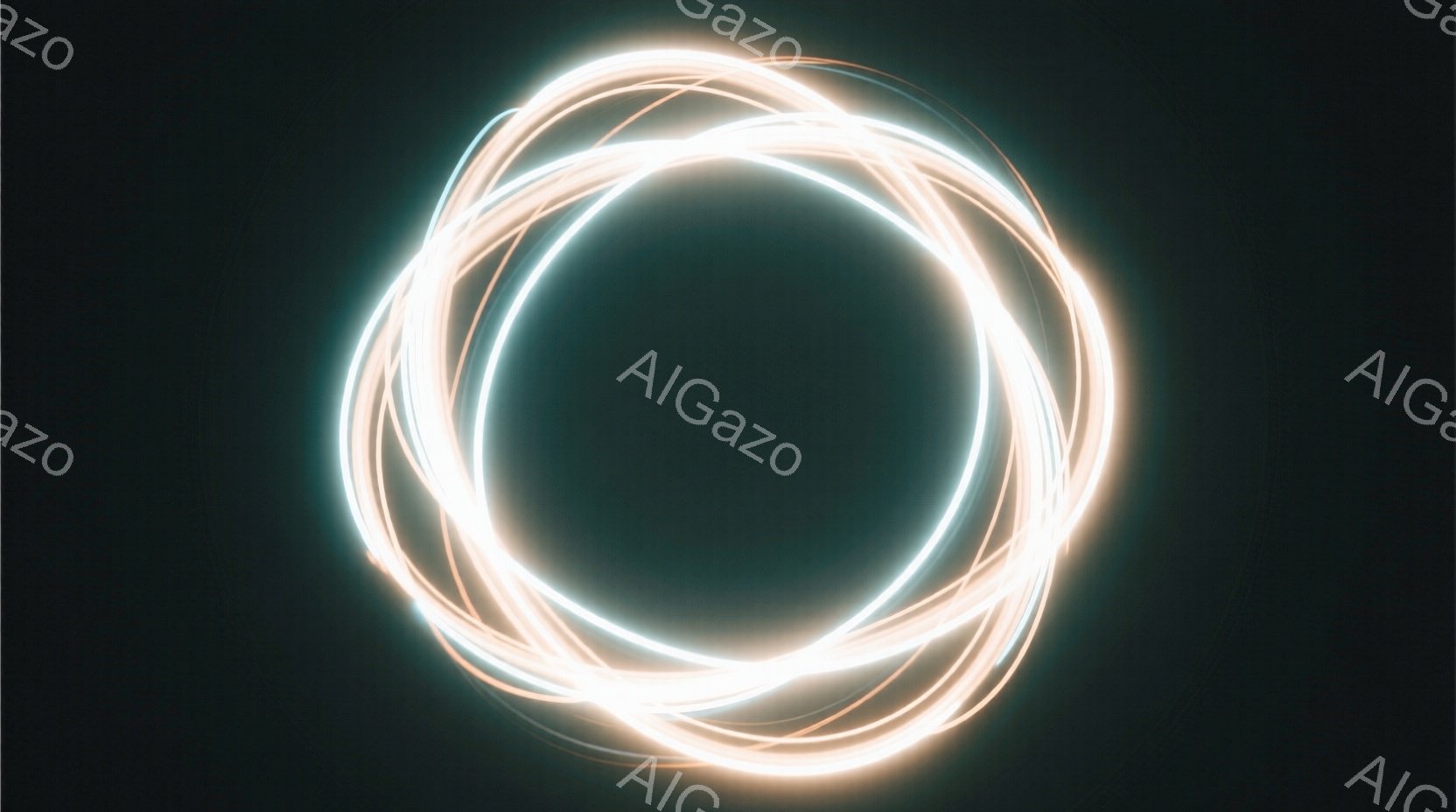 暗い背景に、光の帯がらせん状に重なり合って大きな円を形作っている。光は白やオレンジ色を帯びており、まるでエネルギーの流れや、宇宙的な軌道を思わせる。全体的に神秘的で、幻想的な雰囲気を醸し出している。