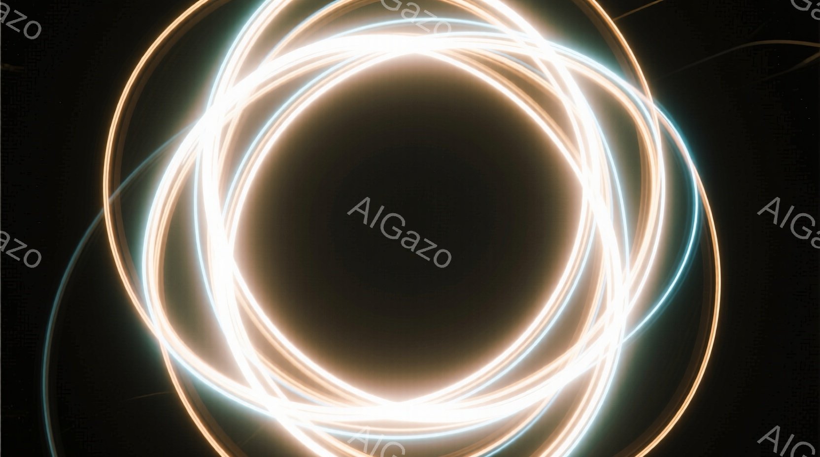 画像は暗い背景に、複数の光の円が重なり合って構成されています。円は金色と水色を帯びており、まるでエネルギーの流れや軌跡を表現しているかのようです。全体的に神秘的で未来的な雰囲気を醸し出しています。