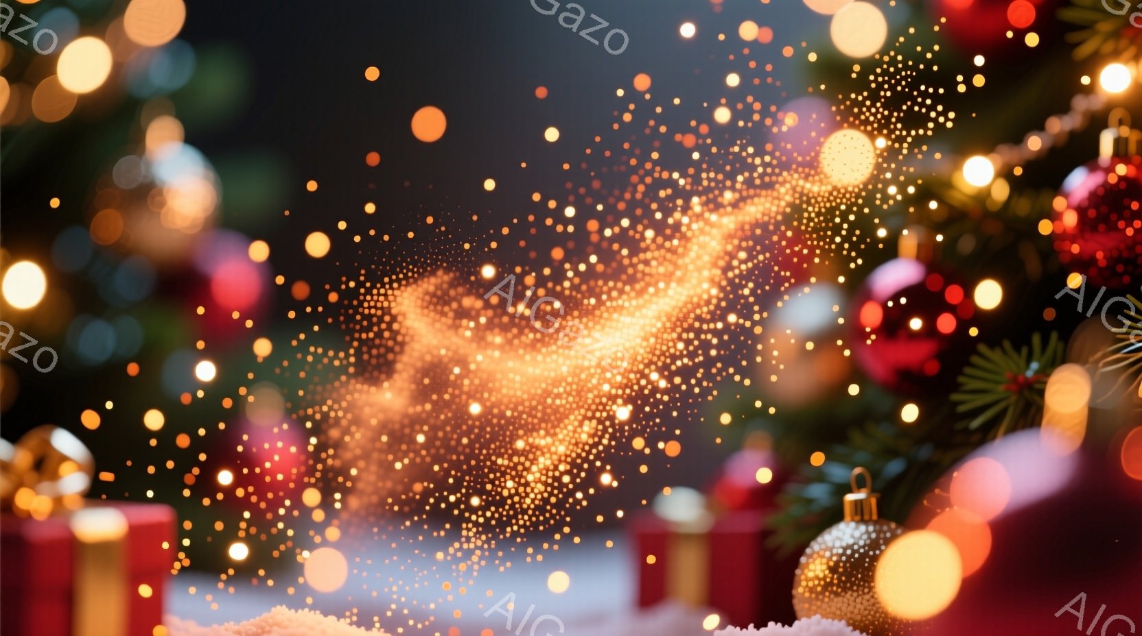 クリスマスツリーの背景に、きらめく光の粒子が集まり、トナカイのシルエットを形作っています。プレゼントボックスと装飾されたオーナメントが置かれ、温かみのある光が全体を包み込んでいます。全体的に、ホリデーシーズンを祝う夢のような、お祝いの雰囲気が漂っています。